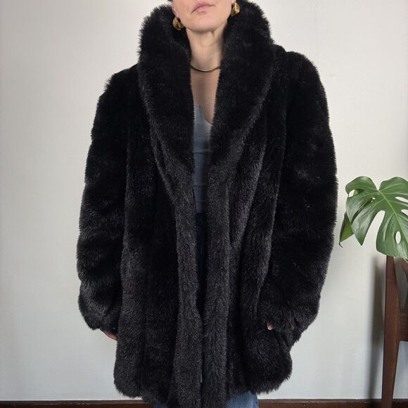 Vintage Black Faux Fur Coat | 80s 90s Plush Modacrylic Mod Jacket, USA Made - Picture 5 of 16